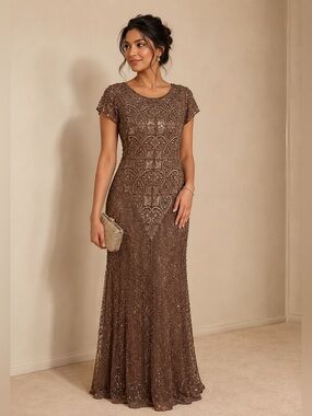 Brown Beaded Embellished Maxi Evening Gown Formal Wedding Guest Dress 
✨
